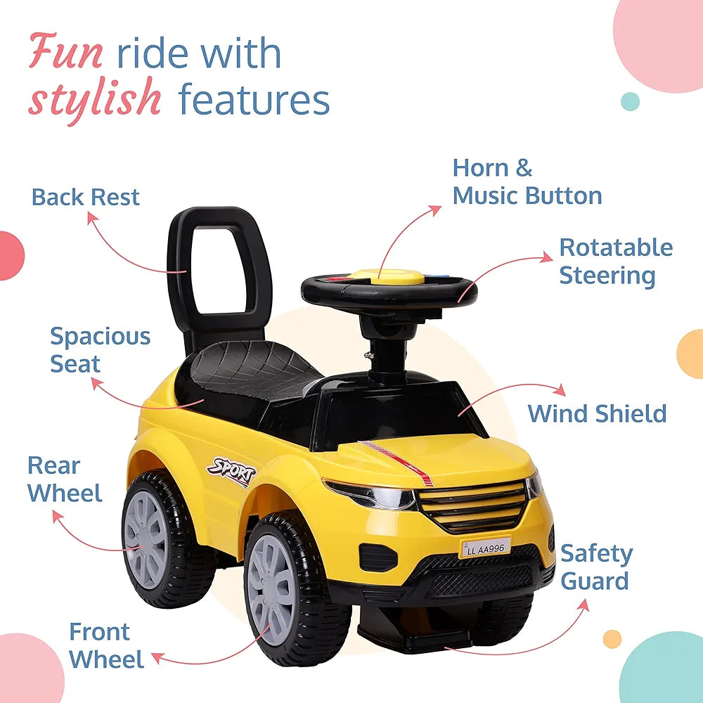 LuvLap Starlight Ride on & Car for Kids with Music & Horn Steering, Push Car for Baby with Backrest, Safety Guard, Under Seat Storage & Big Wheels, Ride on for Kids 1 to 3 Years Upto 25 Kgs (Yellow)