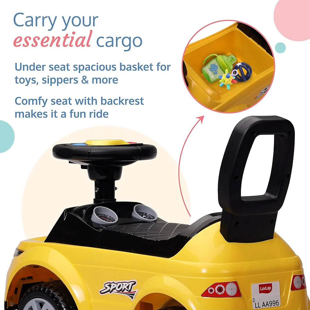 LuvLap Starlight Ride on & Car for Kids with Music & Horn Steering, Push Car for Baby with Backrest, Safety Guard, Under Seat Storage & Big Wheels, Ride on for Kids 1 to 3 Years Upto 25 Kgs (Yellow)